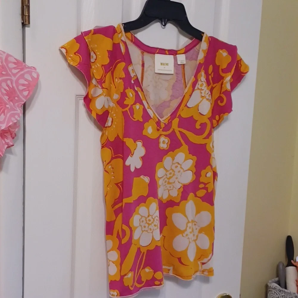 Maeve By Anthropology Sz XS, Pink and Orange Floral Top With Flutter Sleeves_3